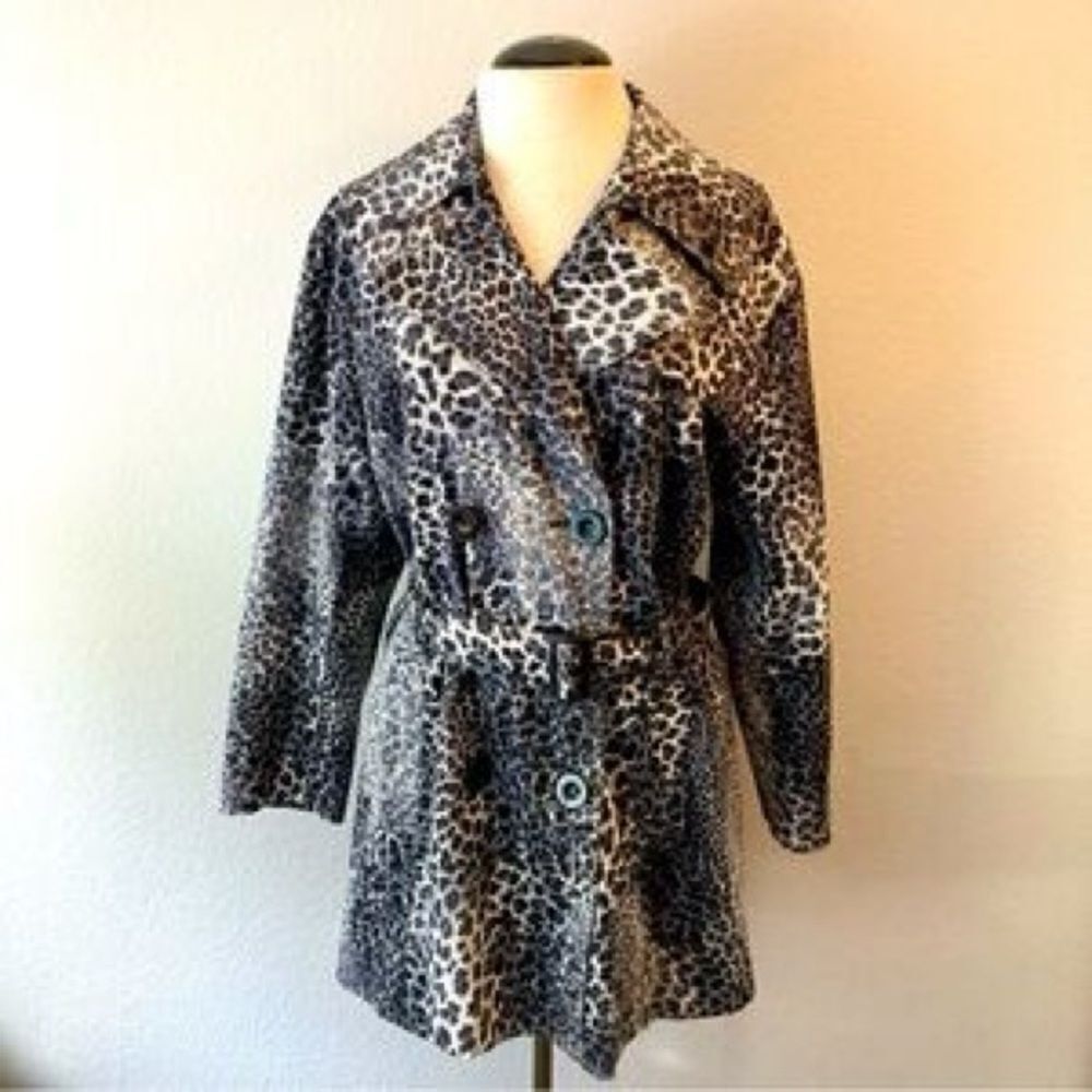 Lisa International Double Breasted Leopard Trench Coat size L - Picture 2 of 6